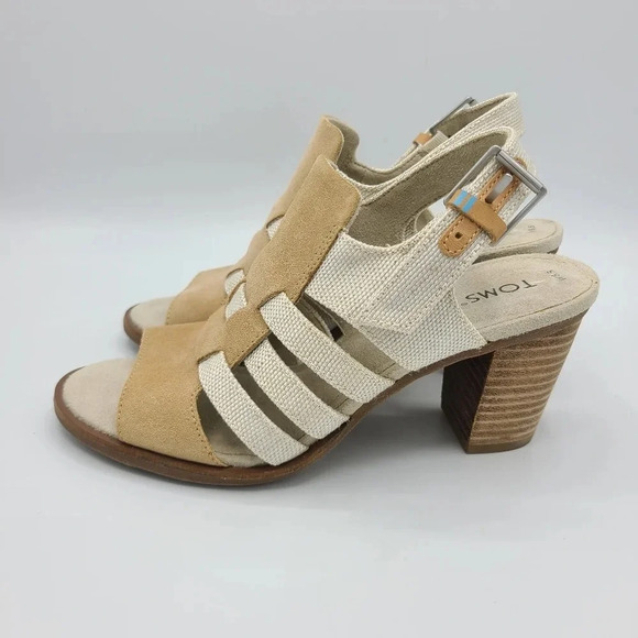 Toms Majorca NWOT Woven Suede Canvas Heels Sandals Honey Suede Yarn Dye 6.5 - Picture 3 of 14